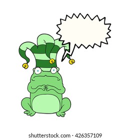 rana de dibujos animados de libre mano de la burbuja del habla usando sombrero jester