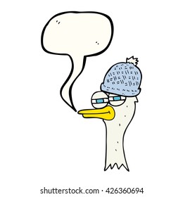 freehand drawn speech bubble cartoon bird wearing hat