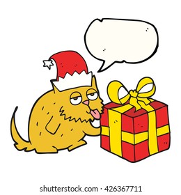 freehand drawn speech bubble cartoon cat with present
