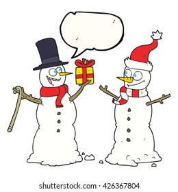 dibujo a mano libre burbuja dibujos animados hombres de nieve intercambiando regalos