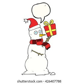 freehand drawn speech bubble cartoon snowman holding present