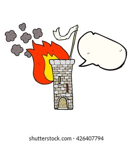dibujo a mano libre burbuja de habla caricatura antigua torre de castillo ondeando bandera blanca