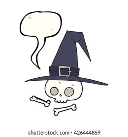 freehand drawn speech bubble cartoon witch hat with skull