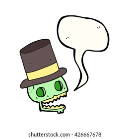 caricatura de burbuja de habla dibujada a mano alzada riendo cráneo con sombrero superior