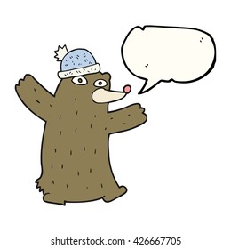 freehand drawn speech bubble cartoon bear wearing hat