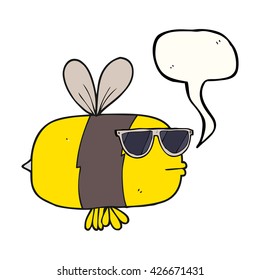 freehand drawn speech bubble cartoon bee wearing sunglasses