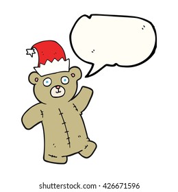 freehand drawn speech bubble cartoon teddy bear wearing christmas hat