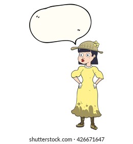 freehand drawn speech bubble cartoon woman in sensible dress