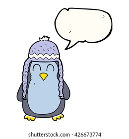 freehand drawn speech bubble cartoon penguin wearing hat