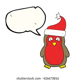 freehand drawn speech bubble cartoon christmas robin wearing christmas hat