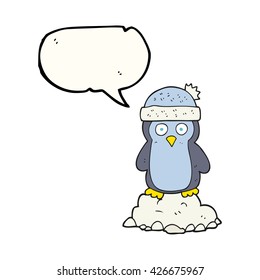 freehand drawn speech bubble cartoon penguin wearing hat