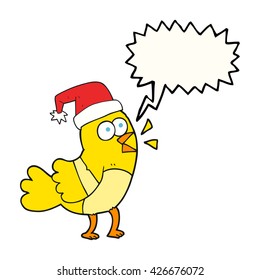freehand drawn speech bubble cartoon bird wearing christmas hat