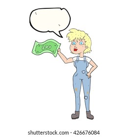 freehand drawn speech bubble cartoon confident farmer woman with money