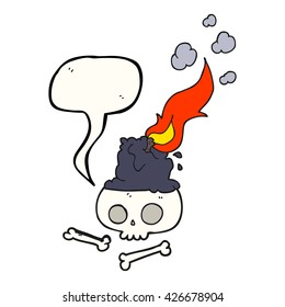 freehand drawn speech bubble cartoon burning candle on skull