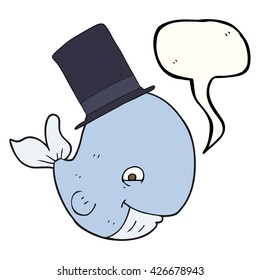 freehand drawn speech bubble cartoon whale in top hat