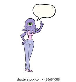 caricatura de burbuja de habla dibujada a mano libre de una extraterrestre con mano alzada