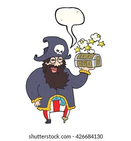 caricatura de la burbuja de habla dibujada a mano libre capitán con cofre del tesoro