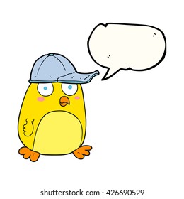 freehand drawn speech bubble cartoon bird in cap
