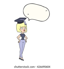 caricatura de burbuja de habla dibujada a mano libre mujer con gorro de graduación