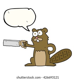 freehand drawn speech bubble cartoon beaver with saw