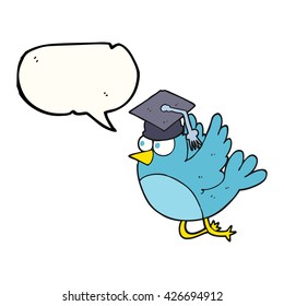 freehand drawn speech bubble cartoon bird wearing graduation cap