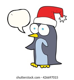 freehand drawn speech bubble cartoon christmas penguin