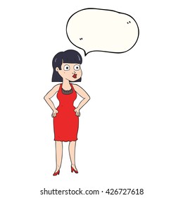 caricatura de burbuja de habla dibujada a mano libre en vestir con manos en la cadera