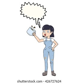 freehand gezeichnete Sprechblase Cartoon weibliche Arbeiterin mit Kaffeekrug