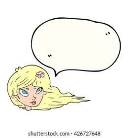 freehand drawn speech bubble cartoon woman with blowing hair