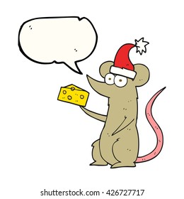 freehand drawn speech bubble cartoon christmas mouse with cheese