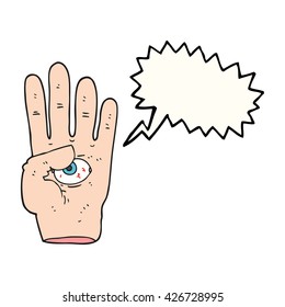 freehand drawn speech bubble cartoon spooky hand with eyeball