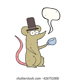 freehand drawn speech bubble cartoon mouse with cup and top hat