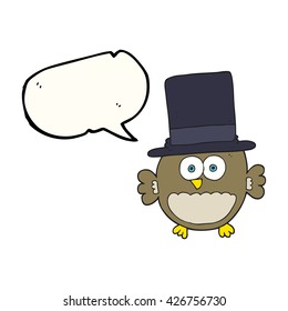 freehand drawn speech bubble cartoon owl in top hat