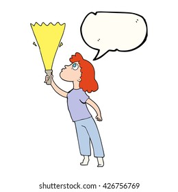 freehand drawn speech bubble cartoon woman searching with torch