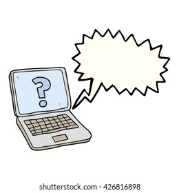 freehand drawn speech bubble cartoon laptop computer with question mark
