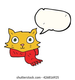 freehand drawn speech bubble cartoon cat wearing scarf
