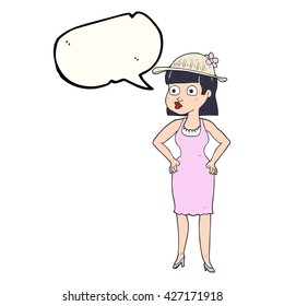 freehand drawn speech bubble cartoon woman wearing sun hat
