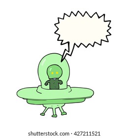 freehand drawn speech bubble cartoon alien in flying saucer