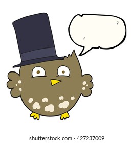 freehand drawn speech bubble cartoon little owl with top hat