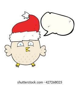 freehand drawn speech bubble cartoon owl wearing christmas hat