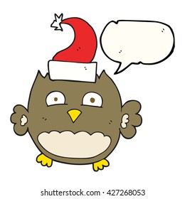 freehand drawn speech bubble cartoon owl wearing christmas hat
