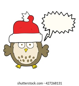 freehand drawn speech bubble cartoon owl wearing christmas hat