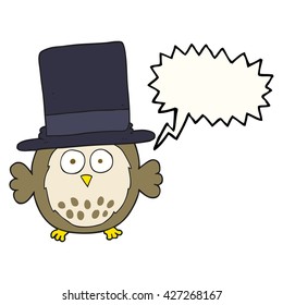 freehand drawn speech bubble cartoon owl wearing top hat