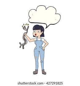 freehand drawn speech bubble cartoon female electrician