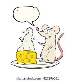 freehand drawn speech bubble cartoon mouse with cheese