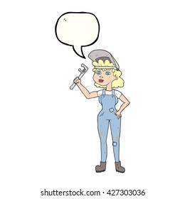 freehand drawn speech bubble cartoon capable woman with wrench