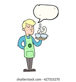 freehand drawn speech bubble cartoon barista serving coffee