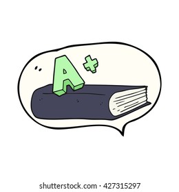 freehand drawn speech bubble cartoon A grade symbol and book