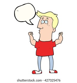 freehand drawn speech bubble cartoon surprised man flexing biceps
