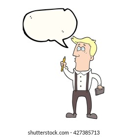 freehand drawn speech bubble cartoon man with notebook